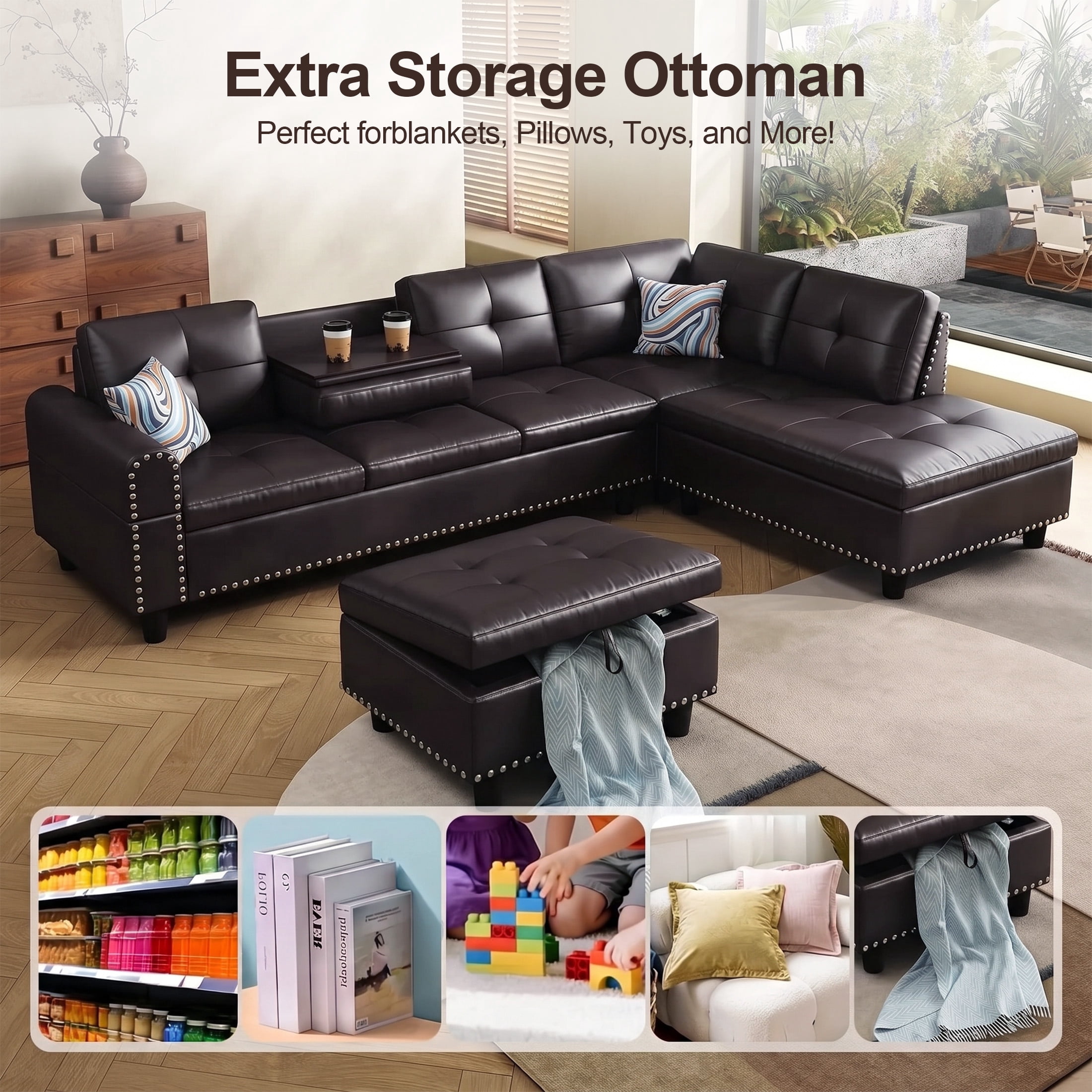 AENKYO 98" L-Shaped Sectional Sofa with Reversible Chaise, Storage Ottoman & Cup Holders, Faux Leather, Brown