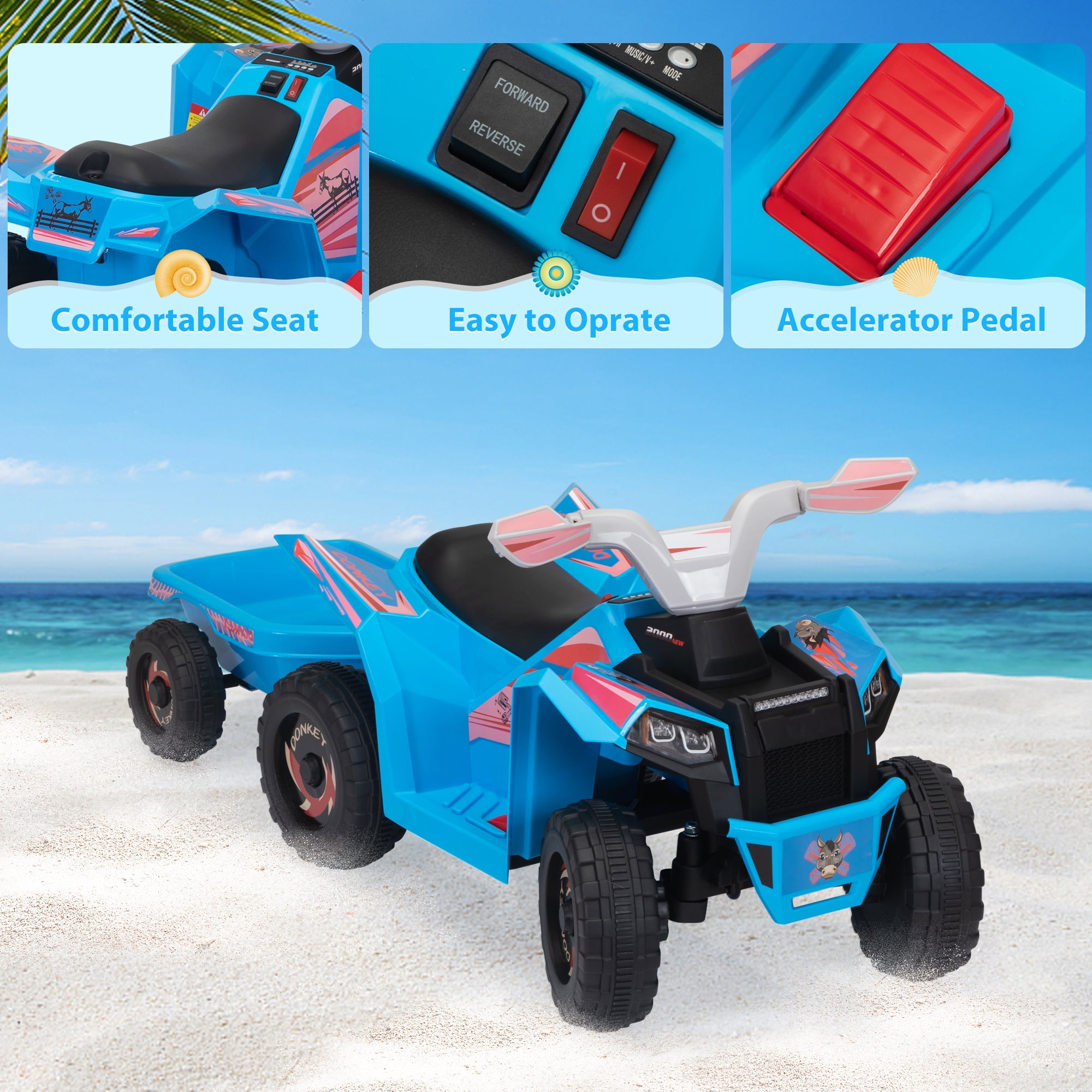 TOBBI 6V Kids Ride on ATV Quad Battery Powered 4-Wheeler Toy Car W/ Trailer, Bluetooth, MP3, Horn, Blue