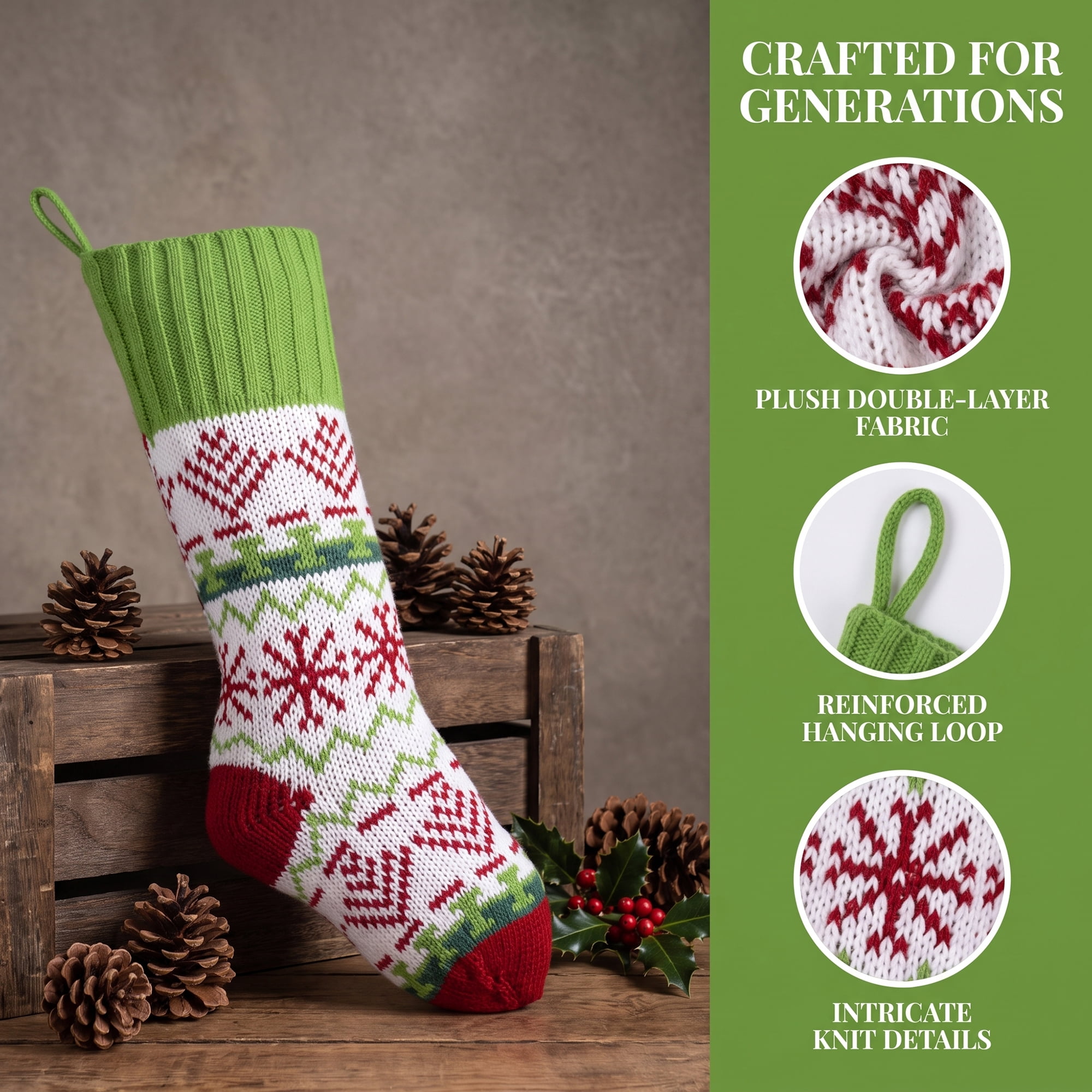 Unique Bargains Holiday Christmas Double Layer Knitted Motif Stocking Green 20"