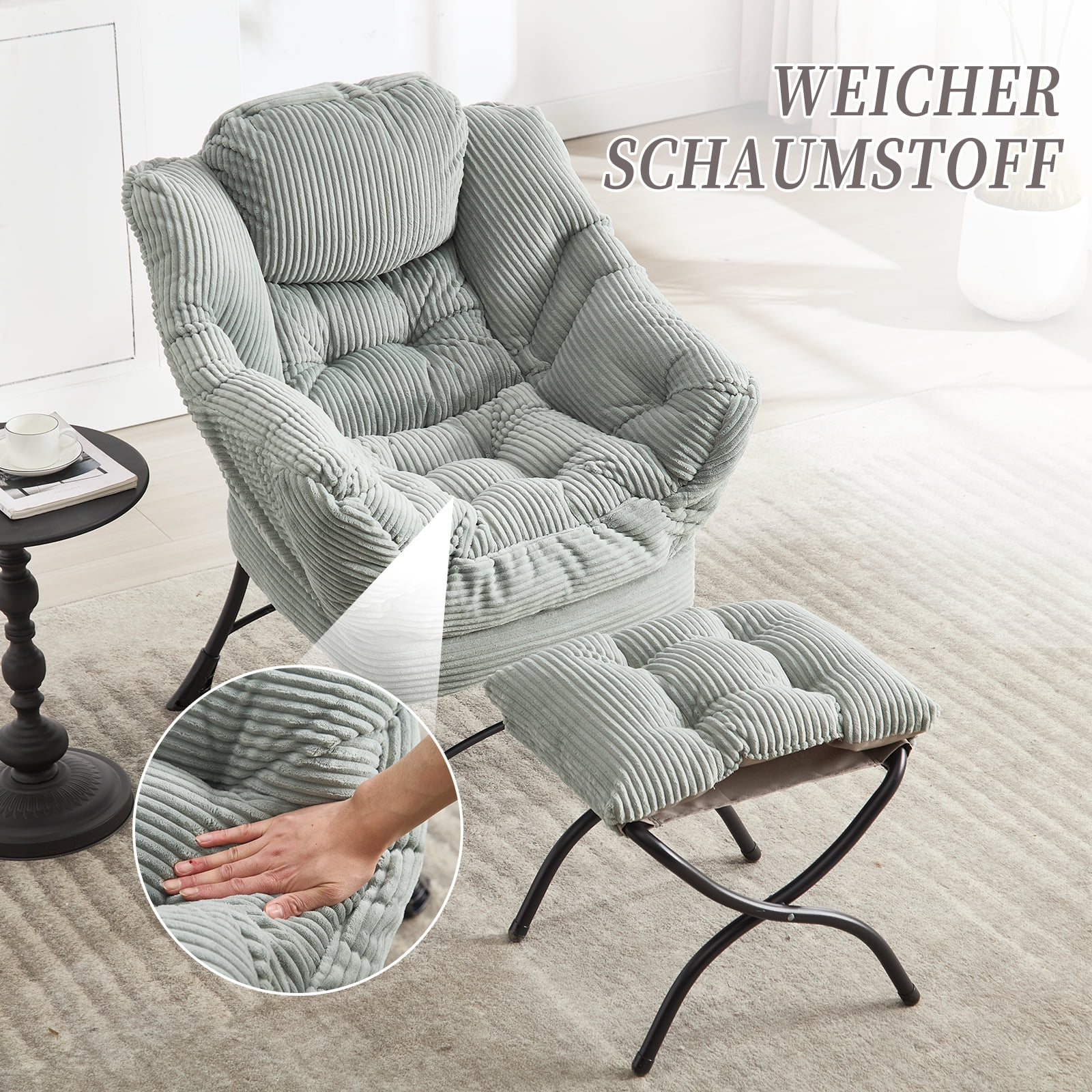 MOONMISS Accent Chair with Ottoman,with Armrests and Side Pockets、 Footrest for Living Room,Light Green