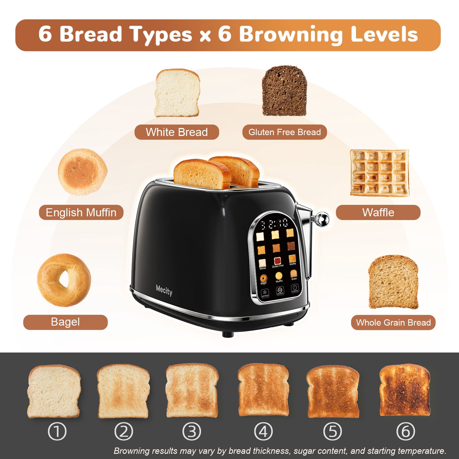 Mecity Easy Touch Screen Toaster 2 Slice – Retro Wide Slot Stainless Steel Toaster with Large Display, 6 Browning Levels, Bagel, Defrost & Reheat, Removable Crumb Tray, Black