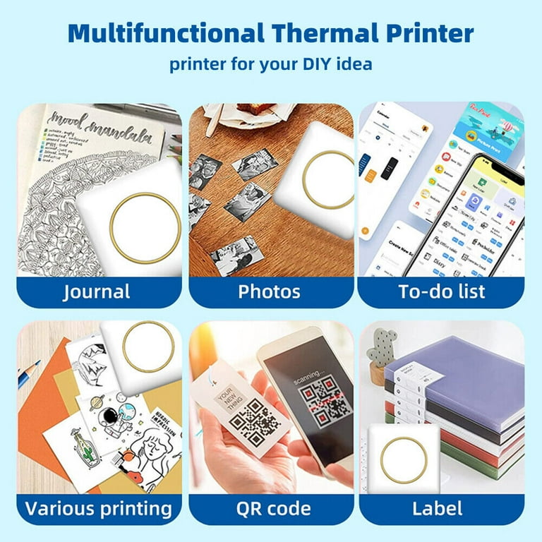 Mini Portable Printer Wireless Bluetooth Printing +5 Rolls of Printing Paper +5 Rolls of Self-Adhesive Paper +3 Rolls of Colored Paper +5 Colored Pens