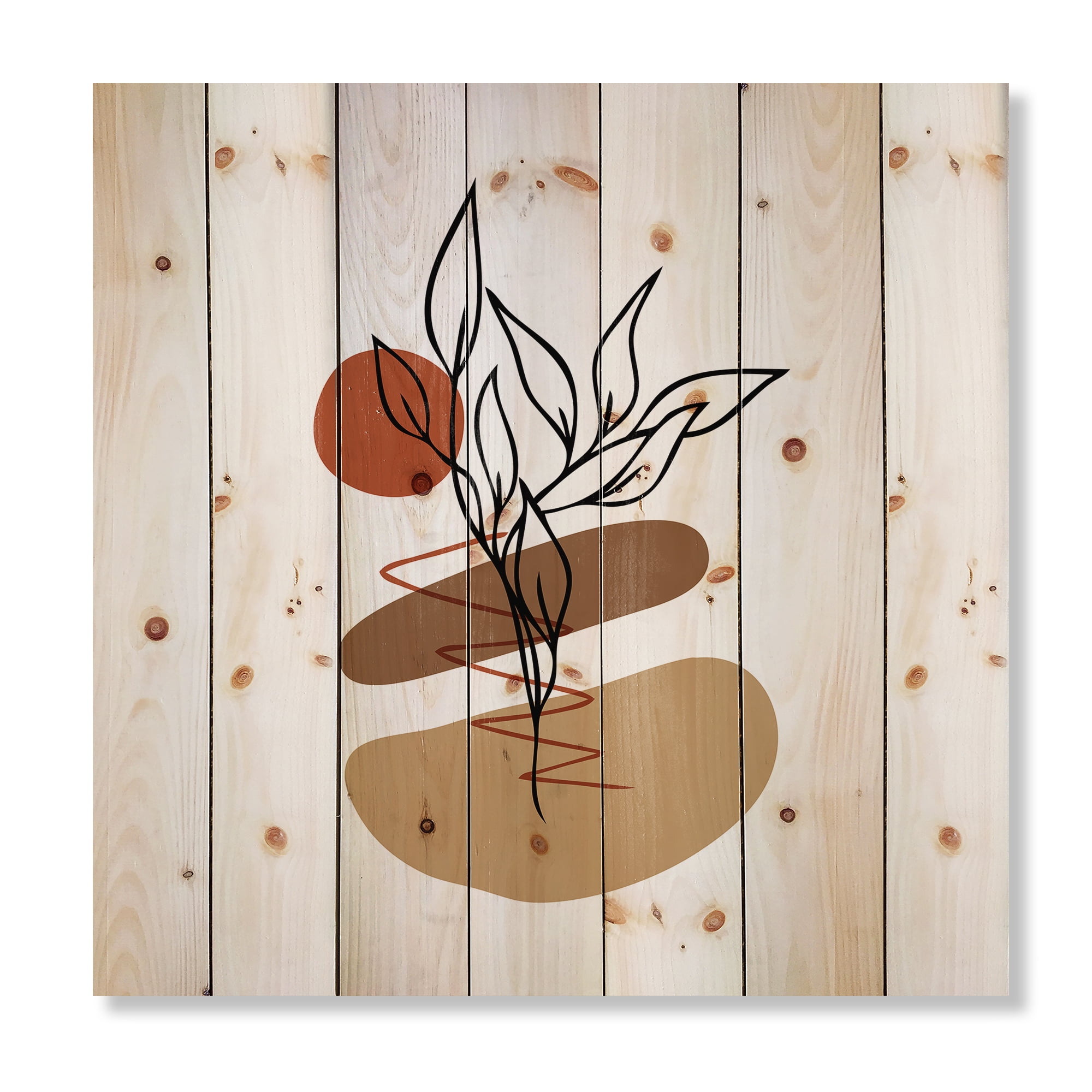 Designart 'Abstract Flowers Plants With Elementary Shapes II' Modern Print on Natural Pine Wood