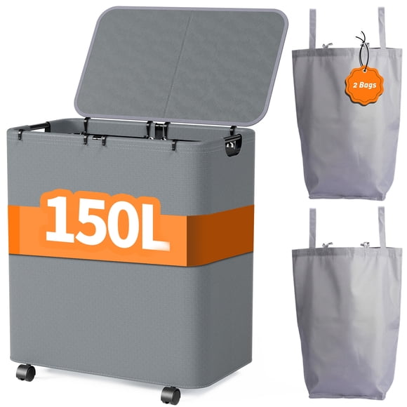 Yecaye 150 L Panier à Linge avec Roues, Grand Panier à Linge avec Couvercles et 2 Sacs Amovibles