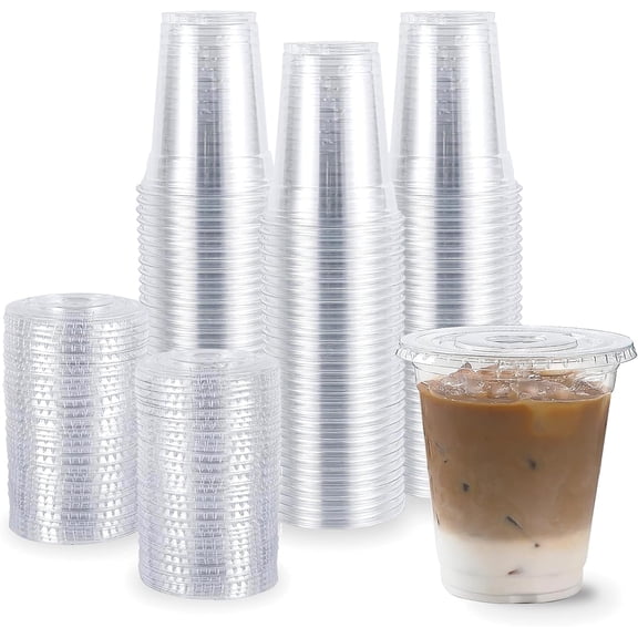 100 Sets 16 oz Clear Plastic Cups with Flat Lids - Crystal Cold Drink Cups for Bubble Tea, Smoothies & Party Beverages