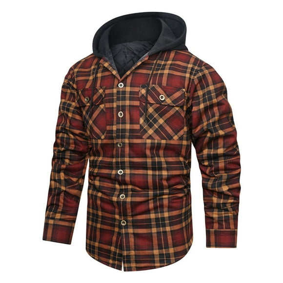 Meichang Flannel Shirts for Men Big and Tall Plaid Hoodies Streetwear Button Down Shirt Jacket Regular Fit Long Sleeve Lightweight Jacket with Quilted Lined
