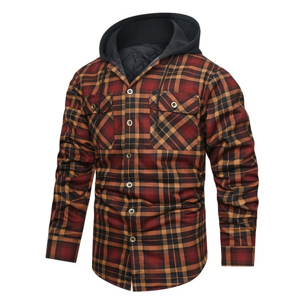 Meichang Men's Flannel Shirts Big and Tall Plaid Hoodies Fall Button Down Shirt Jacket Regular Fit Long Sleeve Coat Jacket