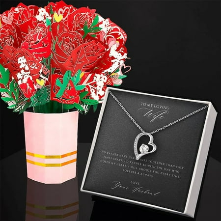 To Wife from Husband The One Who Holds My Heart Forever Love Necklace + Sweet Devotion Flower Bouquet Bundle Valentines Gift