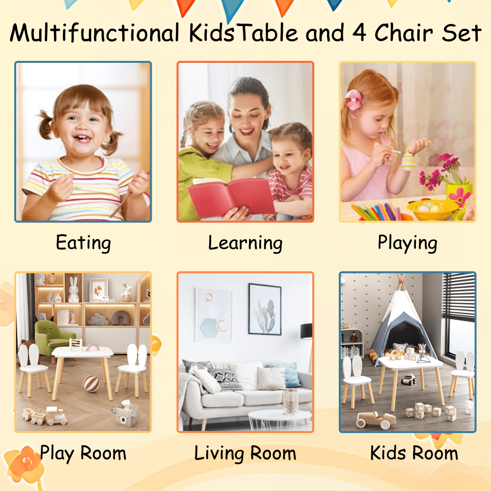 Oufan Kids Table and 2 Chairs Set, 3 Pieces Rabbit Themed Toddler Table and Chair Set , for Daycare and Classrooms, Children's Activity Table and Chairs Set, White