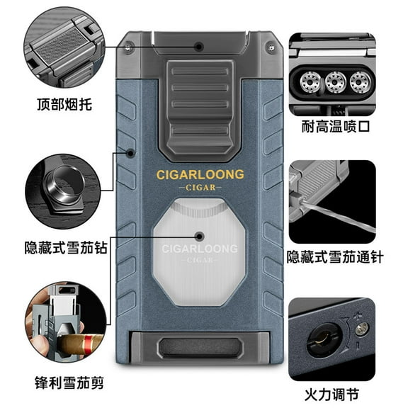 Multifunctional Three-Fire Straight Cigar Lighter Comes With V-Shaped Cigar Cutter Portable Five-In-One Lighter Wholesale