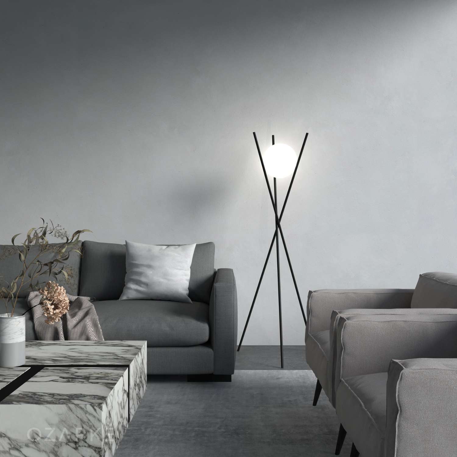 Ozarke Solstice Glass Globe Floor Lamp - Contemporary LED Standing Light, Brass - Black
