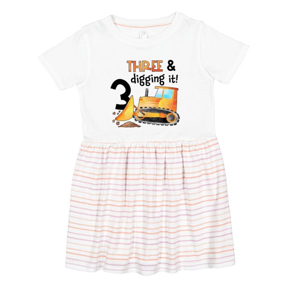 Inktastic Three and Digging It Bulldozer 3rd Birthday Girls Toddler Dress