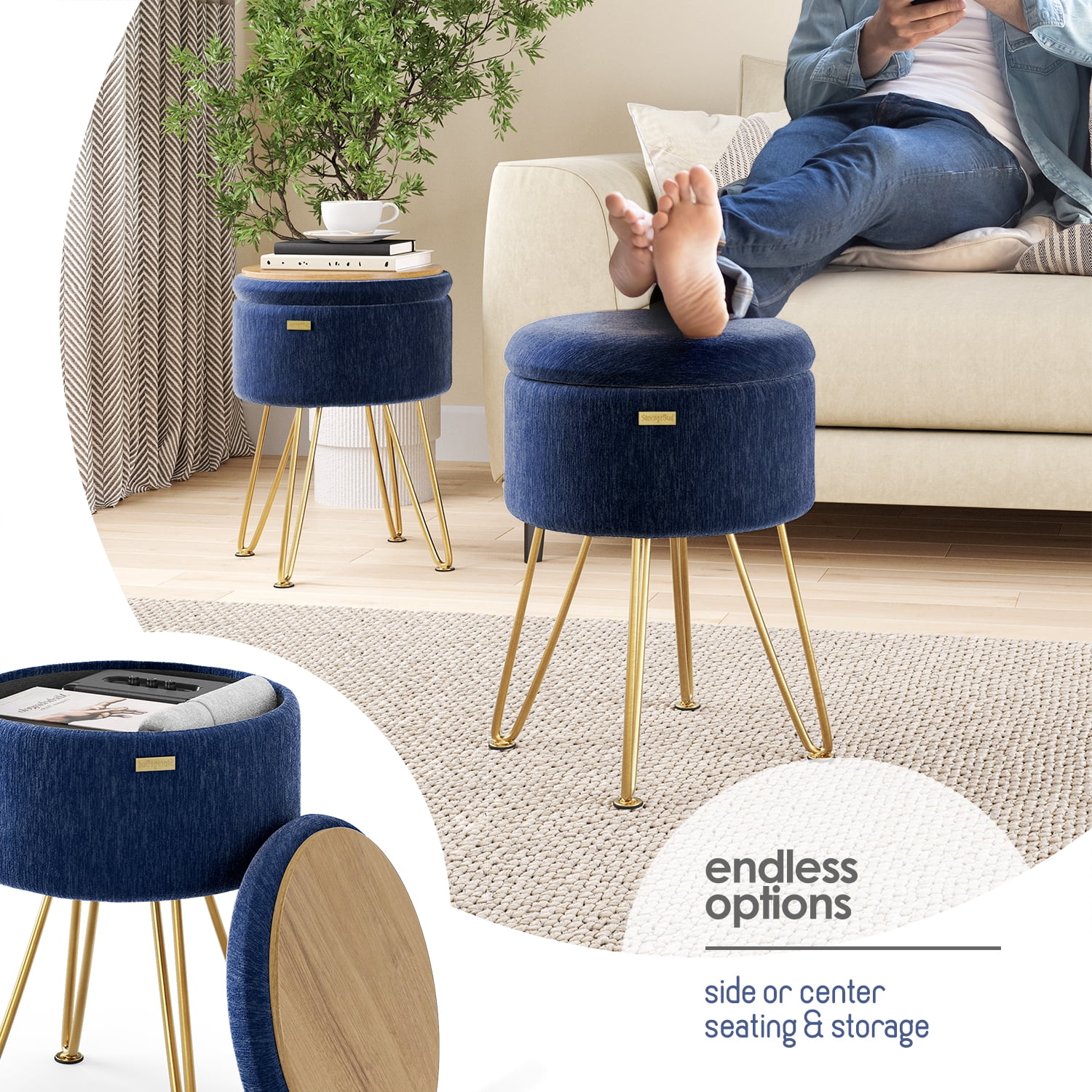 Hearth & Harbor Round Ottoman with Storage, Luxurious Foot Stool and Chic Vanity Stool with Storage, Elegant Textured Velvet Blue