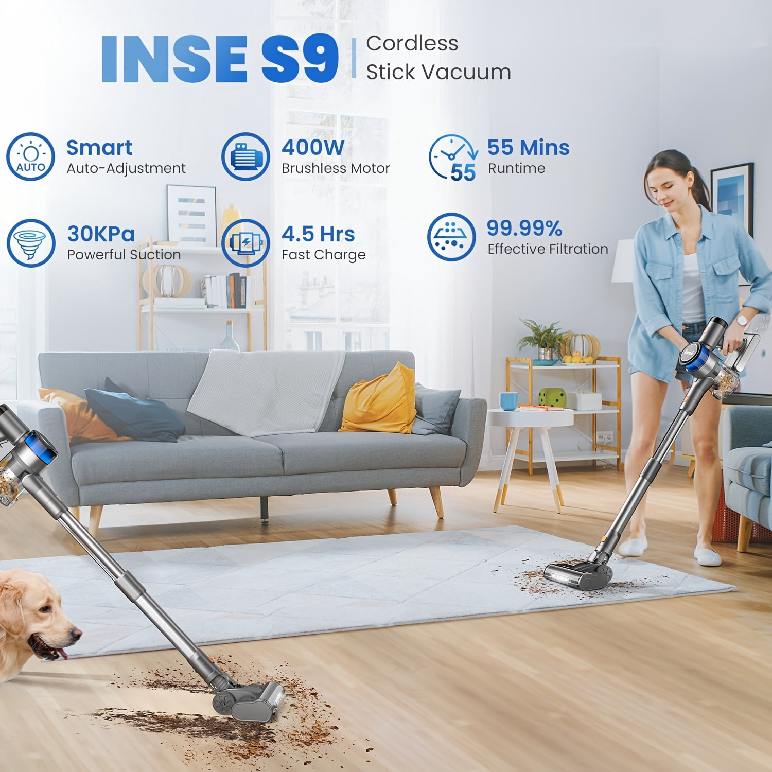 General S9 Cordless Vacuum Cleaner for Home, 45Kpa Powerful Suction, 55Min Runtime, 54.58oz Dust Cup, Vacuum Cleaner for Home, Hardwood Floor, Carpet And Pet Hair