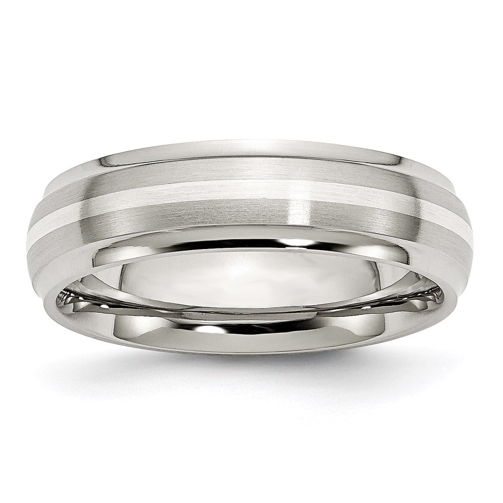 Stainless Steel Sterling Silver Inlay Ridged Edge Brushed and Polished Wedding Band