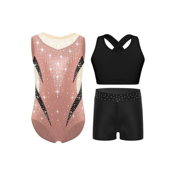 Rswnyirn Tenue de Danse de Gymnastique pour Filles Justaucorps Scintillant de Ballet et de Danse Combinaison de Patinage Biketard avec Gilet Hauts Ensemble de Shorts Rose Poudré 16