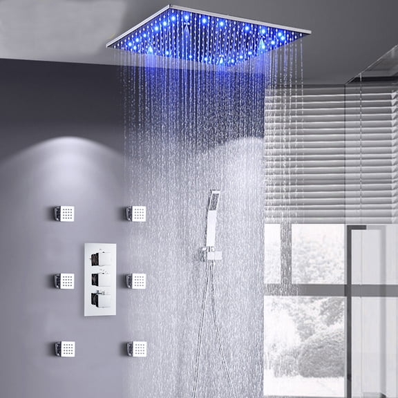 Chrome 12" LED Rain Shower Faucet Set Thermostatic Valve Massage System Combo Kit