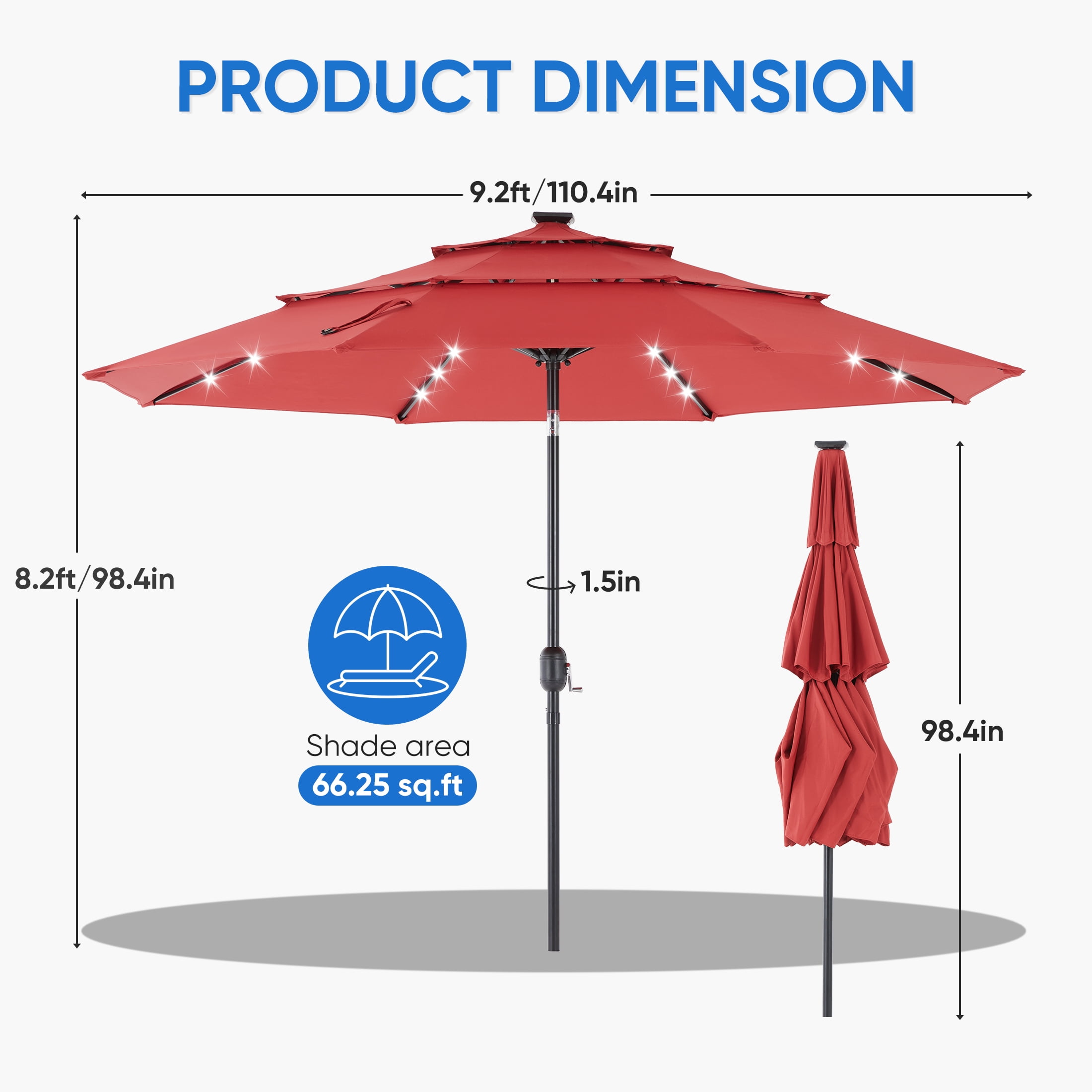 SHOUFTW 9.2ft 3-Tier Solar Patio Umbrella with LED Lights, Tilt, Crank, for Garden, Deck, Pool, Red