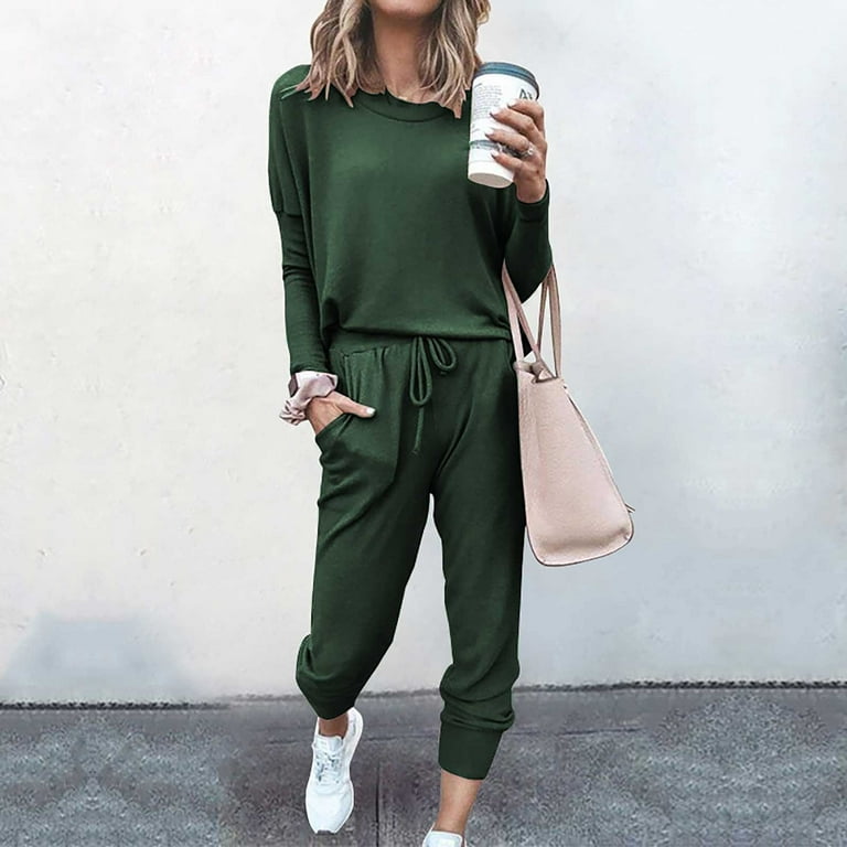 KIHOUT Pants For Women Deals Women's Two-Piece Solid Casual Top Pants Sets  Long Sleeve Wear Sports Suit 