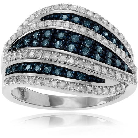 Brinley Co. Women's 1 1/6 Carat Blue and White Diamond Sterling Silver Wave Fashion Ring
