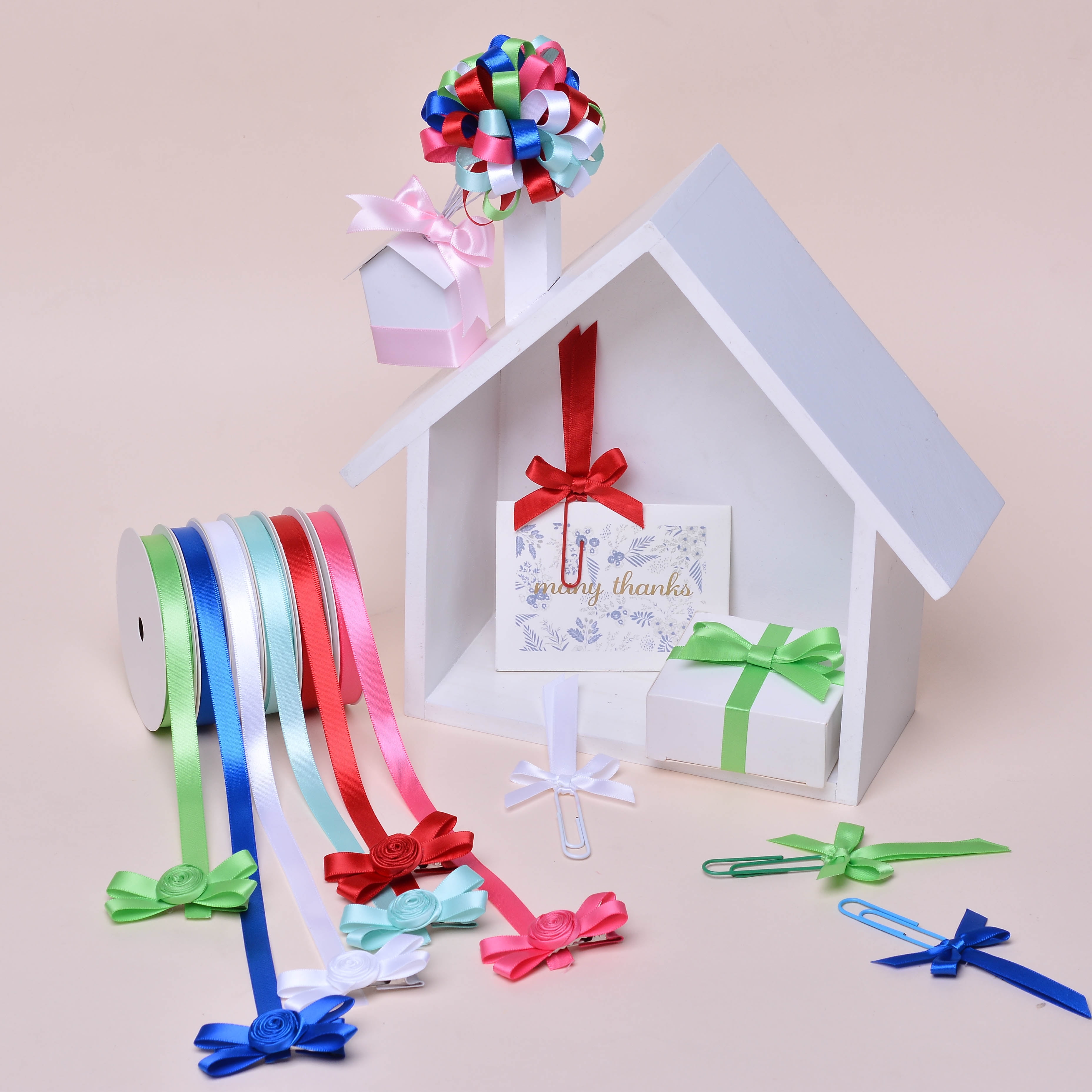 Yama Ribbon, Rainbow Colors Ribbon Tower, 8 Unique Single Face Satin Ribbons, 96 feet