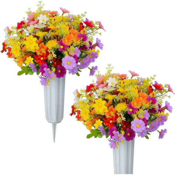 Artificial Cemetery Flowers Memorial Silk Daisy with Vase for Grave Headstone Decoration, Assorted Colors Daisy for Spring Summer Decoration