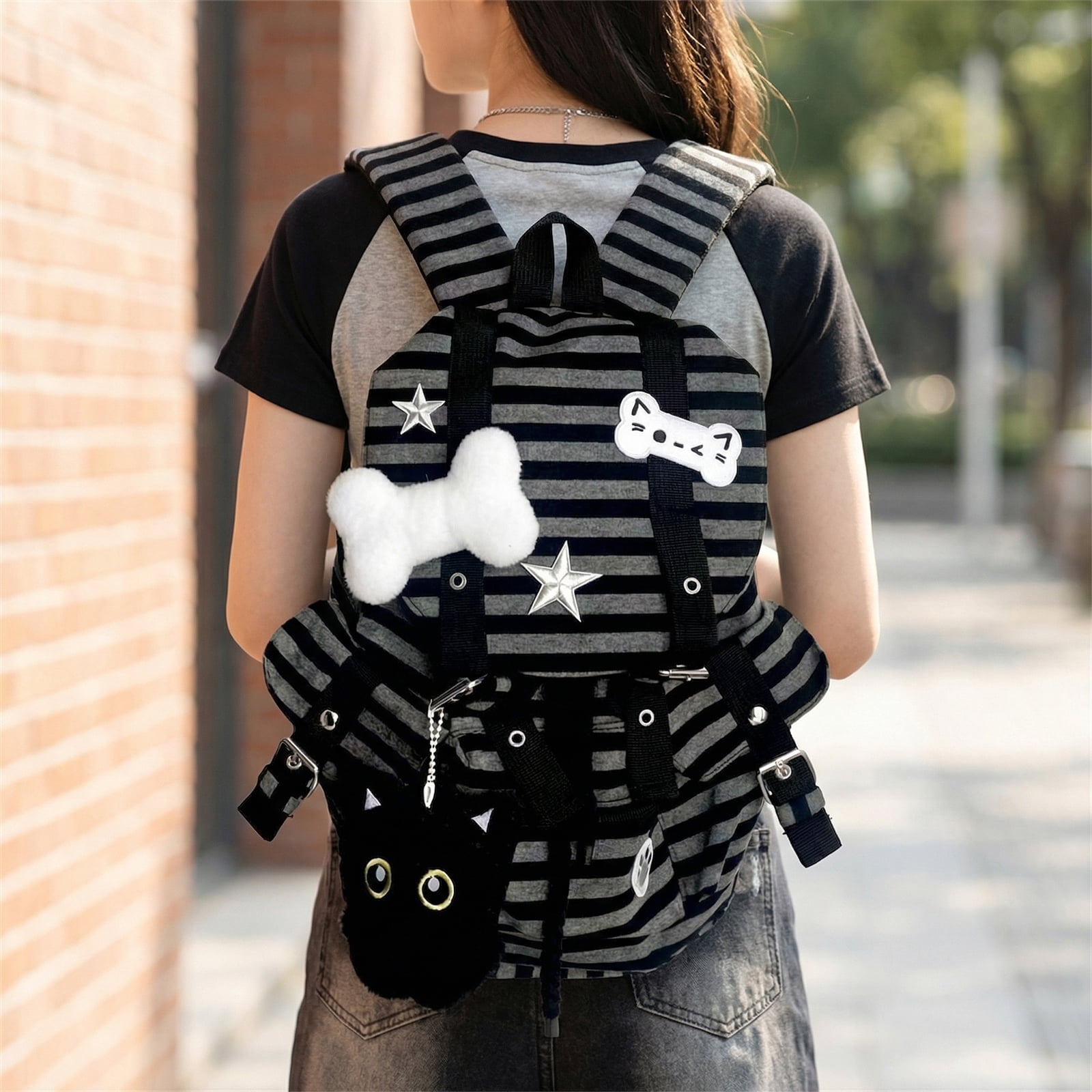 HUISZJ Striped Backpack, Large Capacity Vintage Stripe Bookbag, Multi-Pocket Cute Cat Rucksack for Travel Work School (Black)