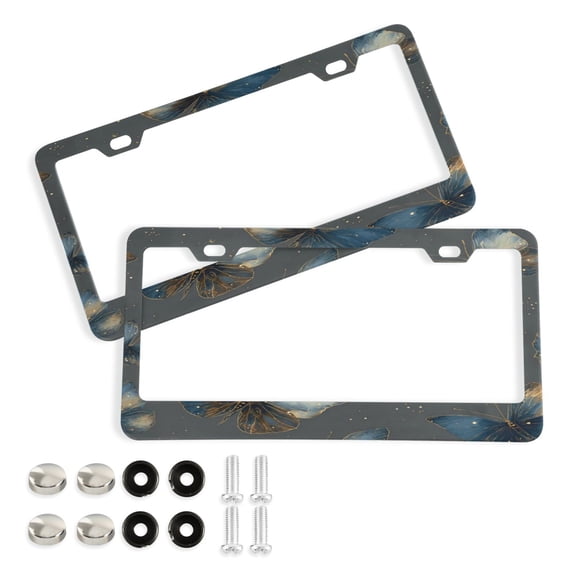 Aluminum License Plate Frame 2 Pack Car Exterior Accessory Car Tag Holder for Front Rear Plates Cars Decor Brown-blue Butterfly Pattern