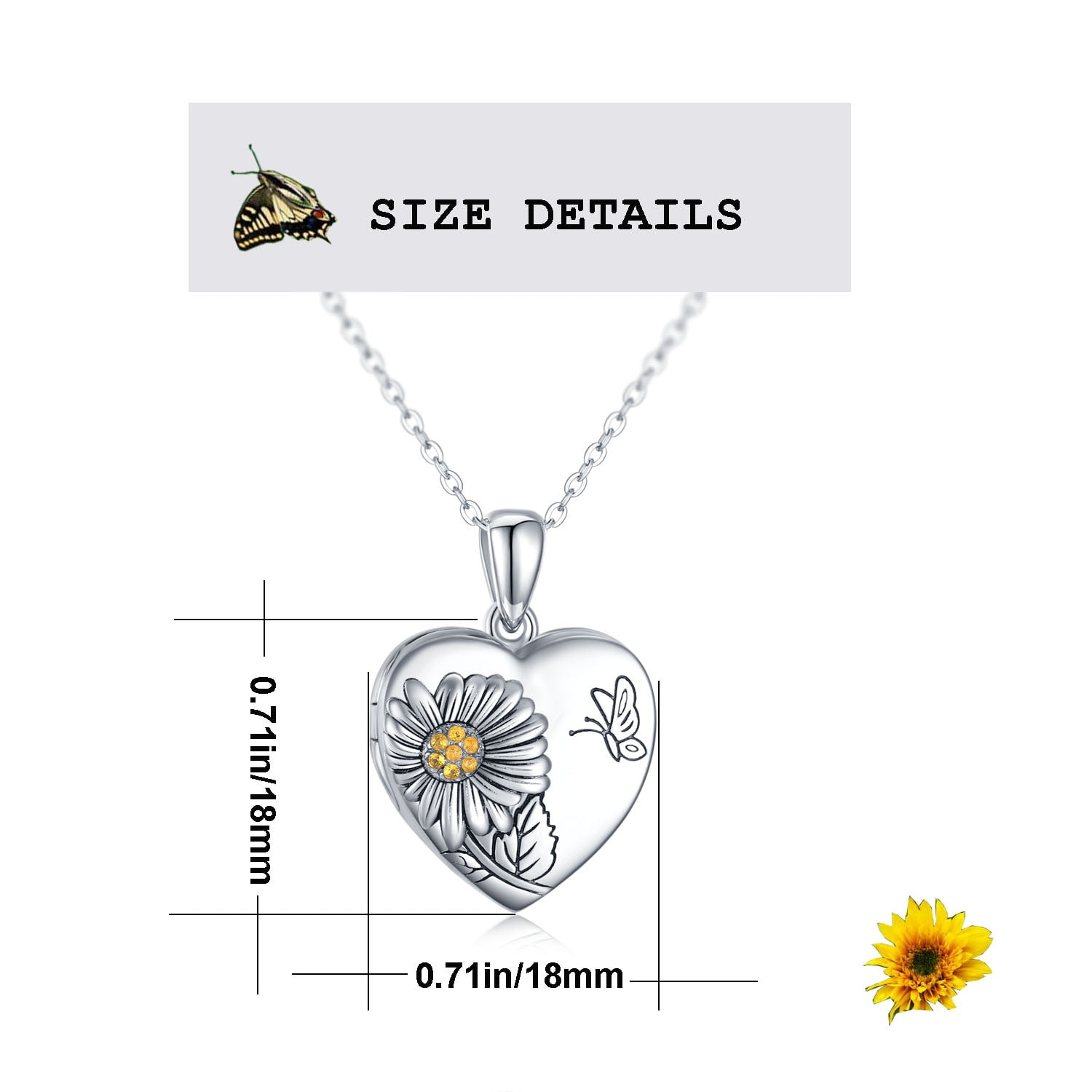 Coachuhhar Heart Sunflower Locket Necklace 925 Sterling Silver Sunflower Butterfly Locket Necklace That Hold 2 Photos Locket Jewelry Gift for Women
