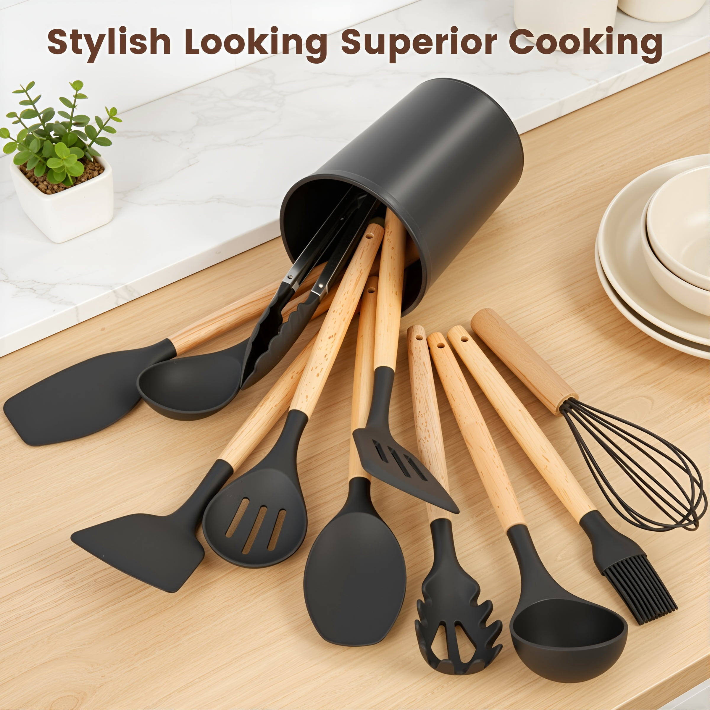 Silicone Cooking Utensils Set, Kitchen Utensils Set 38 Pcs for Cooking, Nonstick Kitchen Utensils Cookware Set Spatula Set, Black