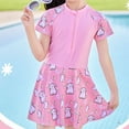 thumbnail image 5 of Toddler Girls One Piece Swimsuit Short Sleeve Half Zipper Swimdress Bathing Suits for Teens Cute Print Training Swimwear 2-10Y on Clearance, 5 of 7