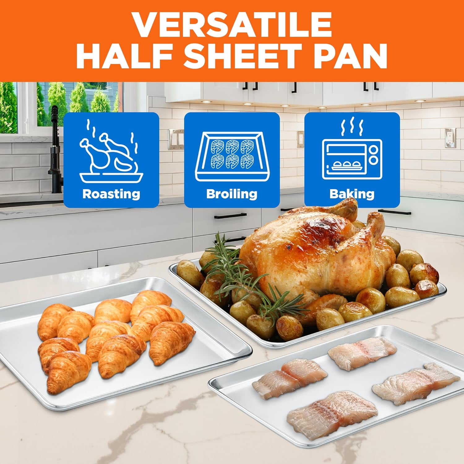 Emporio Kitchen Baking Pan Set - Small, Medium, and Large Aluminum Cookie Sheet Pan (9" x 13", 10.5" x 15", 13" x 18"), Recipe Booklet Included, Oven Safe, Resist Heat Up to 500° F, Set of 3