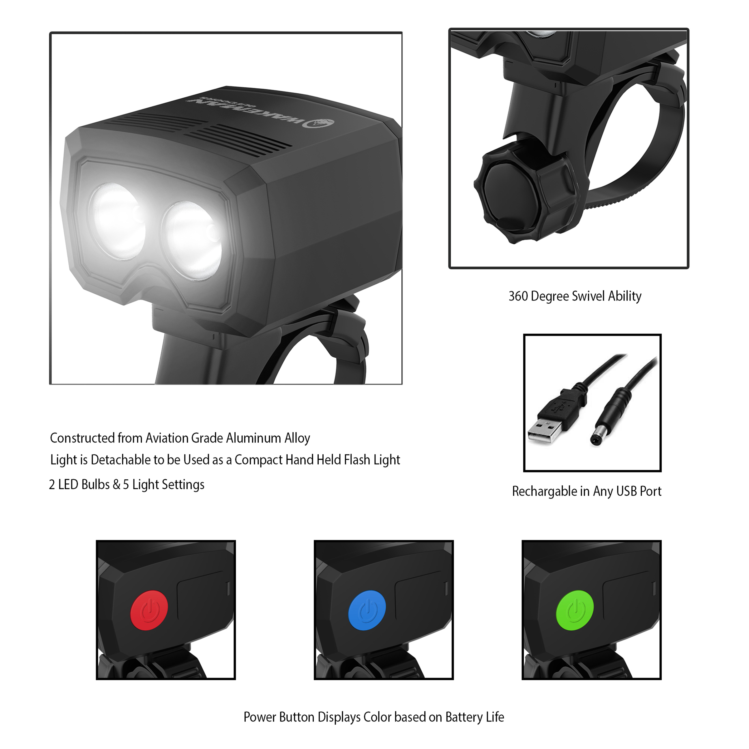 Bike Light-LED Front Bicycle Headlight-Bright USB Rechargeable Handlebar Lamp, 360° Mobility, Detachable, Compact for Road Safety by Wakeman Outdoors