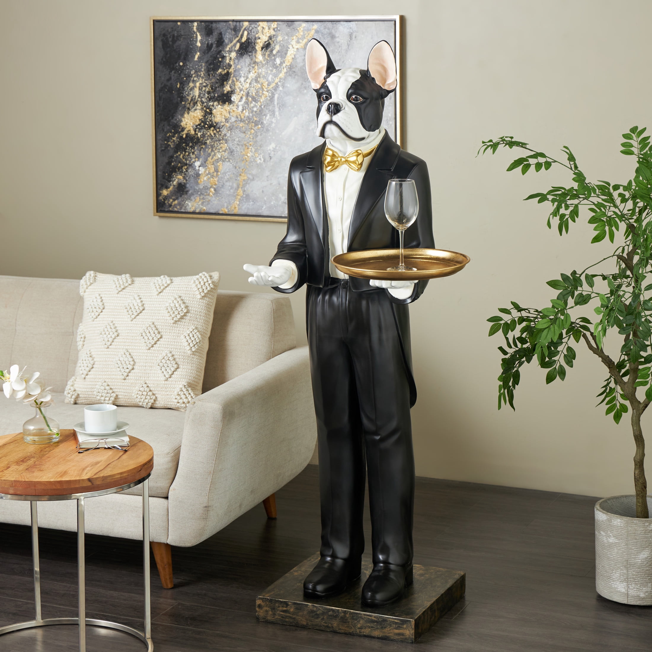 26" x 64" White Resin Floor Waiter Dog Sculpture with Gold Bow Tie and Plate, by DecMode