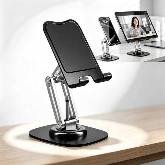 Universal Adjustable Desktop Smartphone and Tablet Stand, 360° Foldable Desktop Phone Holder Mount with Mini Shelf, Compatible to Smartphones, Tablets, iPads – Black