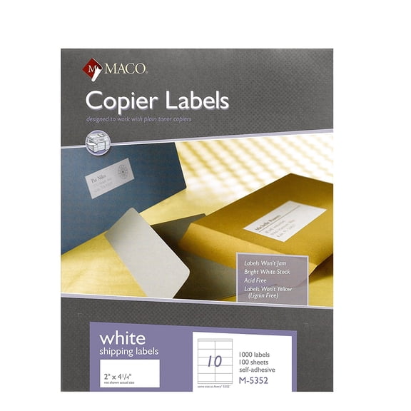 MACO Copier White Shipping Labels, 2" x 4-1/4", 10 per Sheet, 1000 per Box