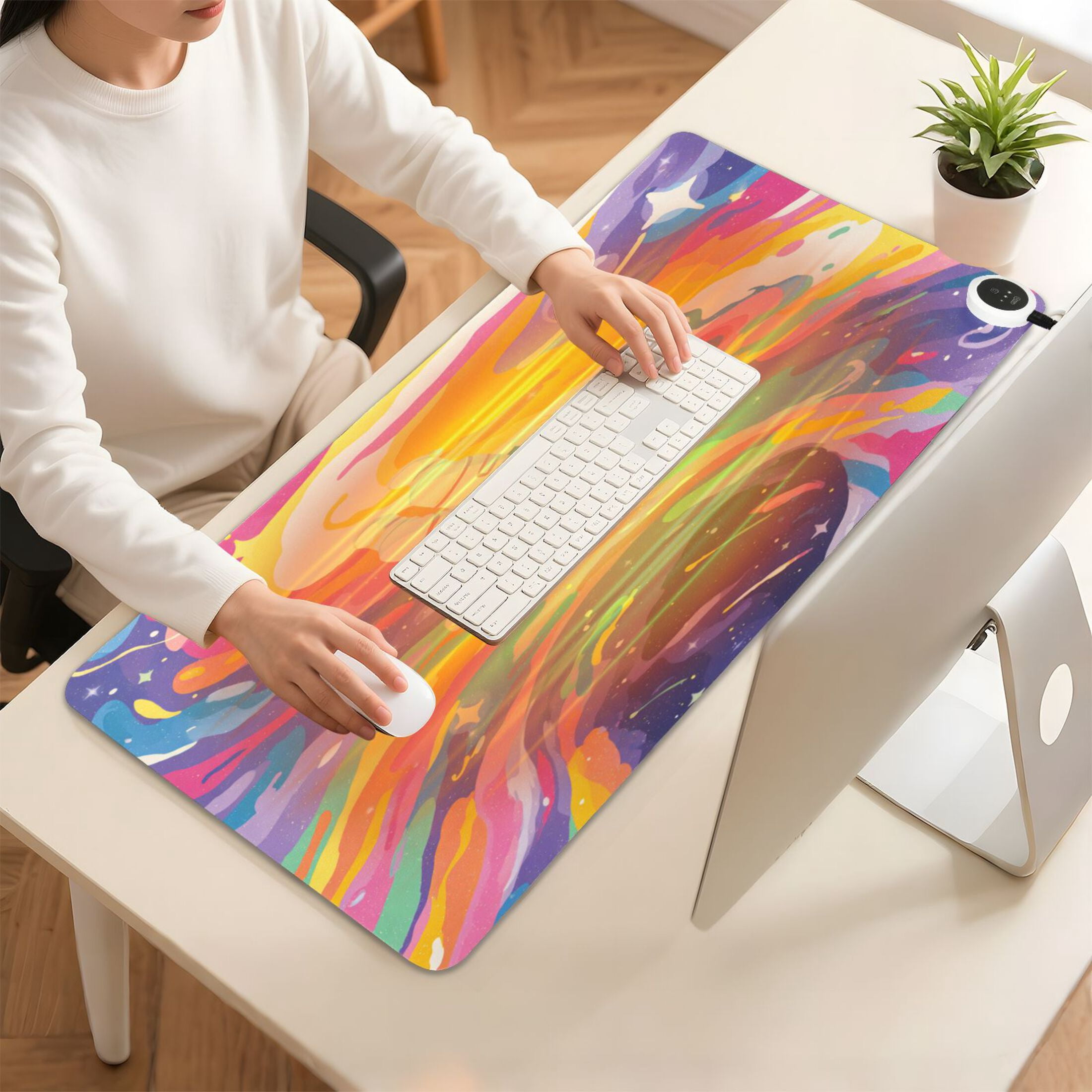 Large Heated Desk Mat Mouse Pad 31.5"x13"PU Leather Graphene Heating Desk Warmer with 3 Temperature Settings 110V US Plug Non-Slip Warm Pad for Home, Office, and Gaming Neon Swirl Astronaut Print