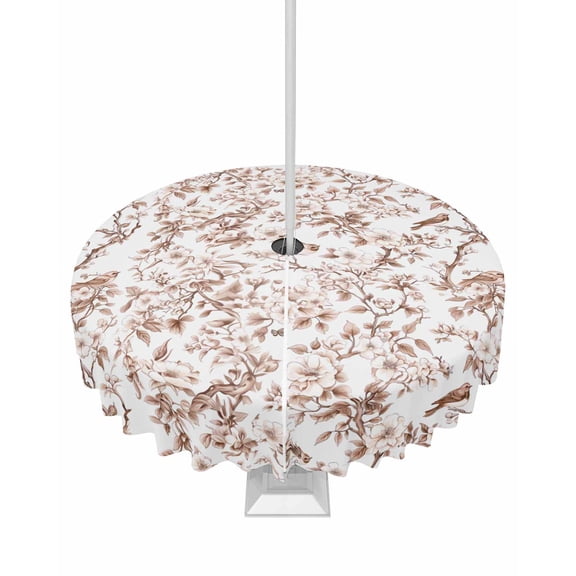 Fsddascl Orange Botanical Outdoor Tablecloth - 54 Inch Round Dining Table Cover, Elegant Watercolor Botanical Birds Waterproof Outdoor Table Cloth with Umbrella Hole & Zipper for Picnic/Patio/Party
