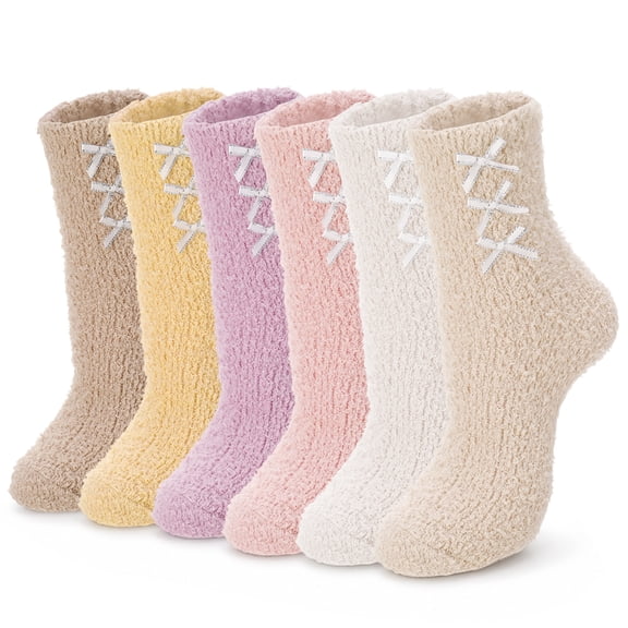Bocaoying 6 Pairs Pink Fuzzy Bow Socks for Women, Fluffy Furry Sleeping Socks, Soft Plush House Slippers for Home, Warm Cozy Winter Indoor, US 5-9