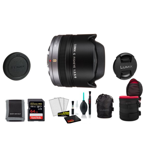 Panasonic Lumix G Fisheye 8mm F/3.5 Lens, Micro Four Thirds, H-F008 - Bundle with 64GB Memory Card and More
