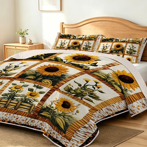 FIVERAM Sunflower Quilts for Queen Bed,3 Piece Farmhouse Floral Block Bedspread Queen Size,Lightweight Coverlet Bedding with Pillow Shams All Season