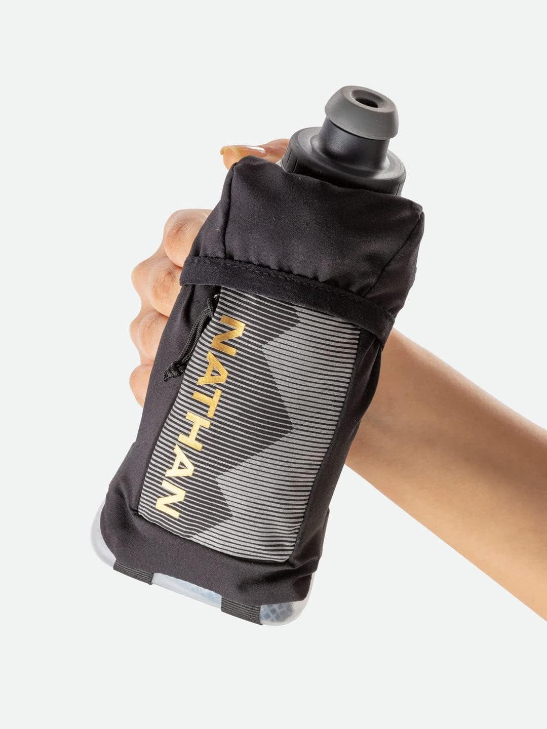 Nathan Running Handheld Quick Squeeze Water Bottle. No-Grip Adjustable Hand Strap. 12oz
