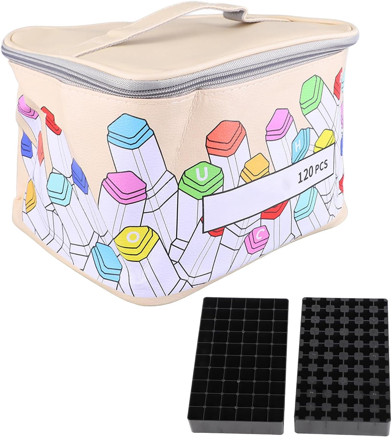 120 Slot Marker Case, Leather Holder with Large Opening, Zipper, Carry Handle, Multi-Purpose Art Pens Pencils Lipstick Mascara Storage