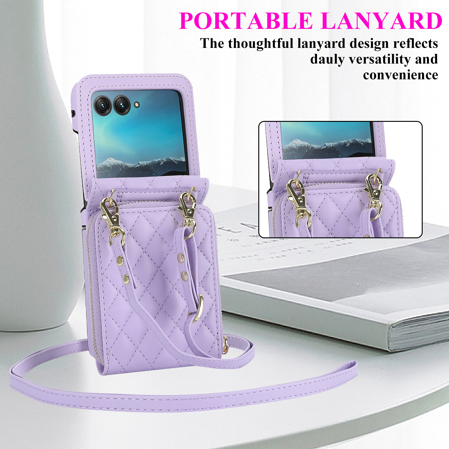 Allytechgroup for Motorola Razr 2025/2024 Wallet Case with Hand Wrist Shoulder Strap, PU Leather Cards Slots Zipper Pocket Shockproof Protective Phone Case Cover for Motorola Razr 50/60, Purple