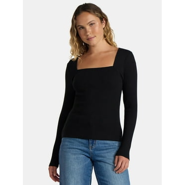 Time and Tru Women's Ribbed Square Neck Top with Long Sleeves, Size XS-XXXL
