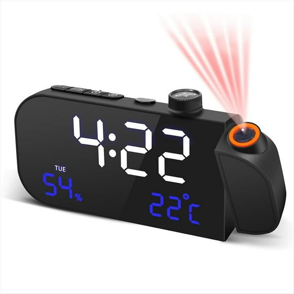Reloj Despertador de Proyección con Radio FM para Dormitorio, Reloj Digital Giratorio de 270°, Pantalla LED Grande de 7 Pulgadas, Alarmas Duales