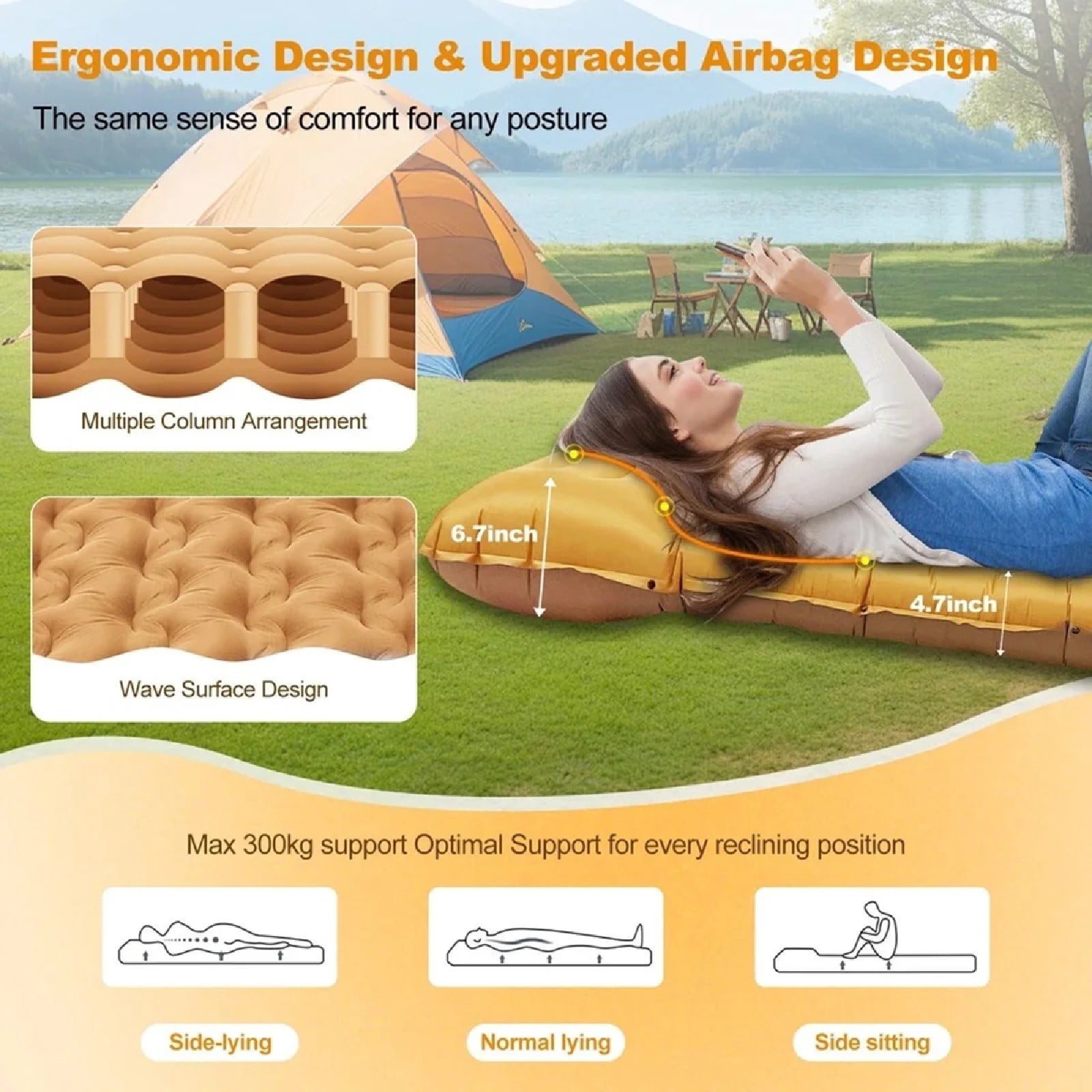 JOVELL Inflatable Sleeping Pad with Built-in Foot Pump & Pillow, 4.7" Thick Waterproof Camping Air Mattress, Self Inflating Sleep Pad for Backpacking, Hiking, Tent, Orange