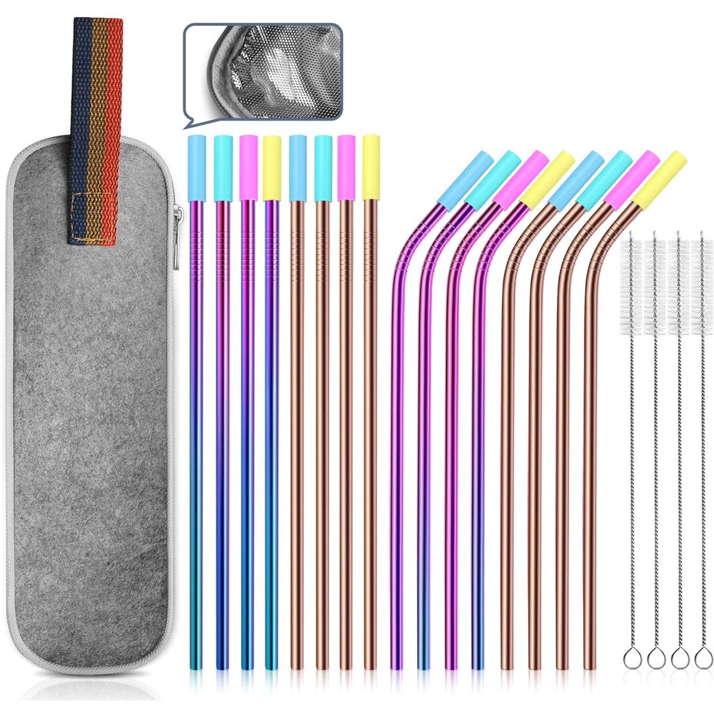 Set of 16 Stainless Steel Straws with Carry Bag, FDAApproved Drinking