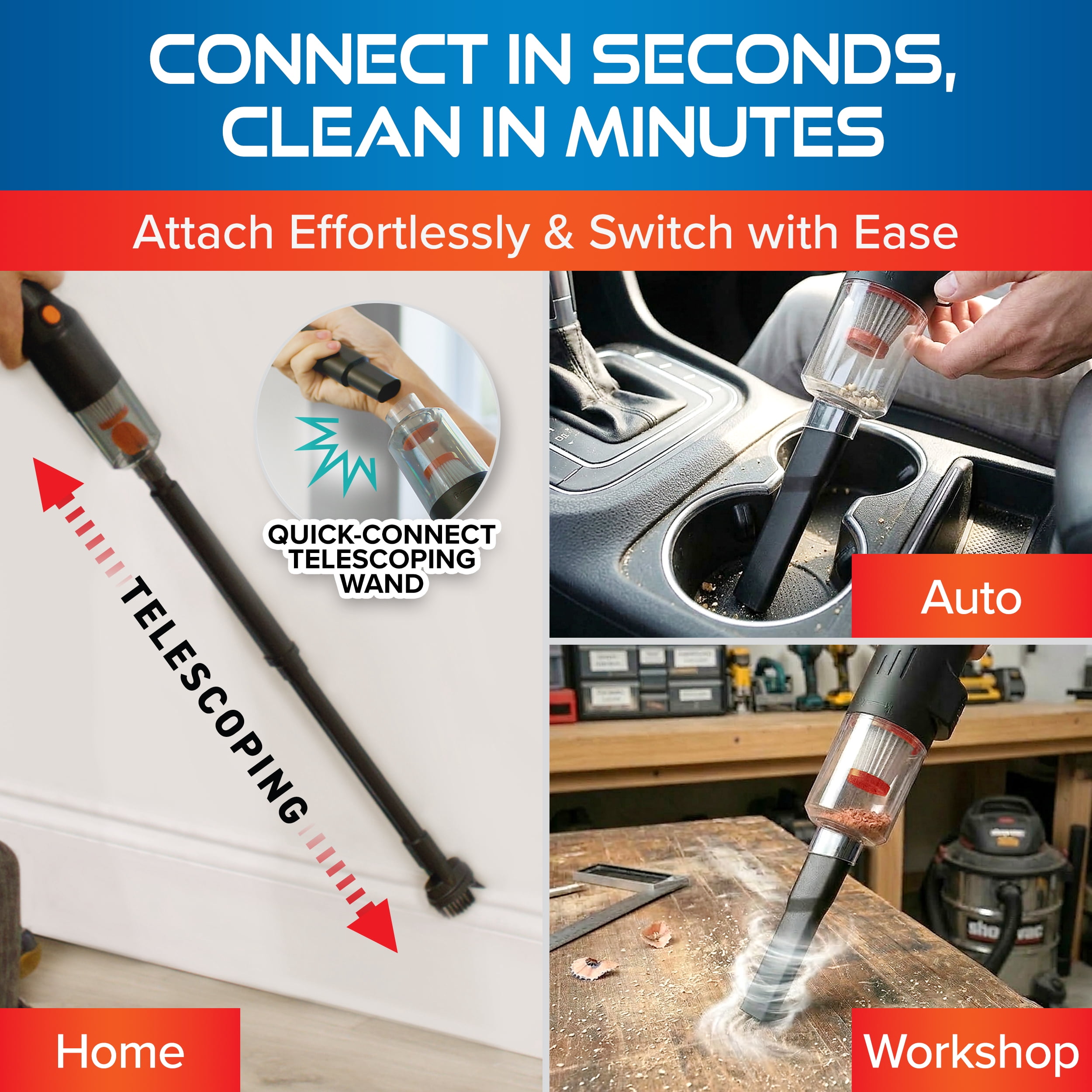 Pocket Vac Reach Cordless Handheld Vacuum & Blower with 3ft Telescoping Wand, USB Rechargeable, 8