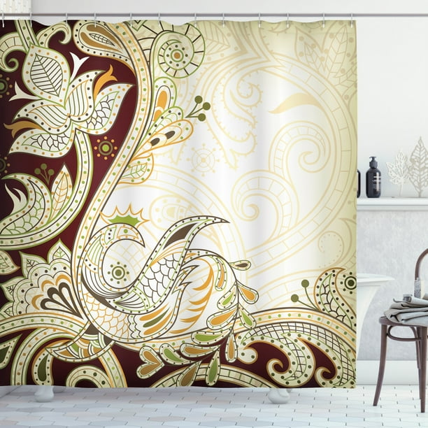 Ethnic Shower Curtain Oriental Fl Leaf Pattern With Middle Eastern Effects Design Fabric Bathroom Set Hooks 69w X 70l Inches Cream Chestnut Brown Lime Green By Ambesonne Com Ethnic Shower Curtain Oriental Fl, Oriental Shower Curtain Design